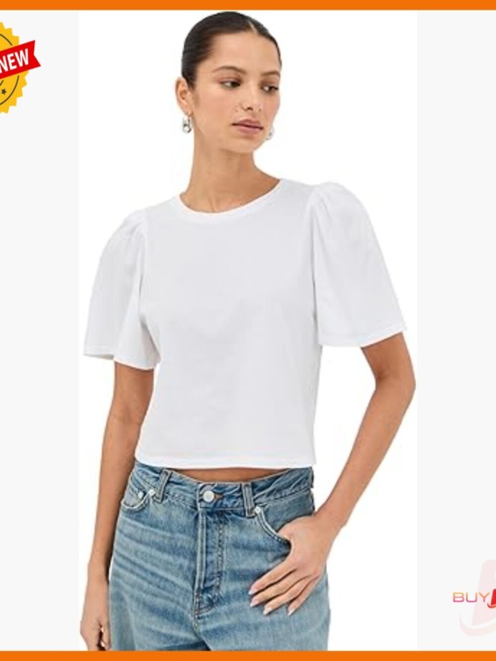Cropped Cotton Tee with Ruched Shoulders, Short Puff Sleeves, Regular Fit